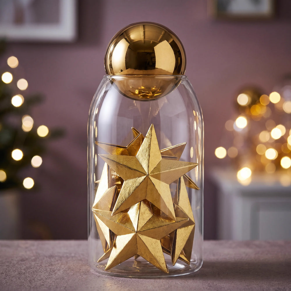 The Star Jar: a glass jar of folded gold origami stars