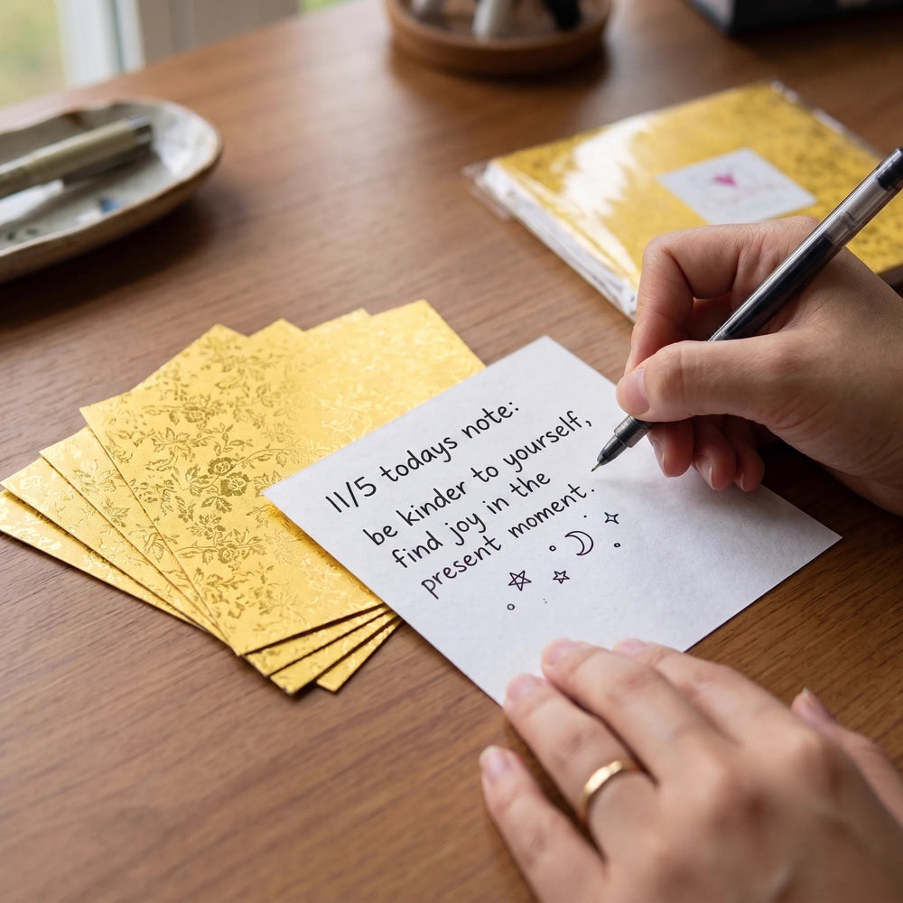 Writing what went well on a gold strip before folding it